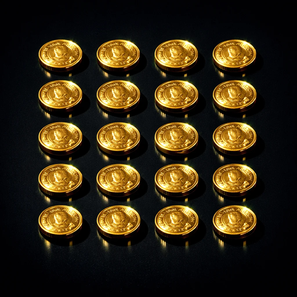 Gouden munten die neerdalen tegen een donkere neonachtergrond